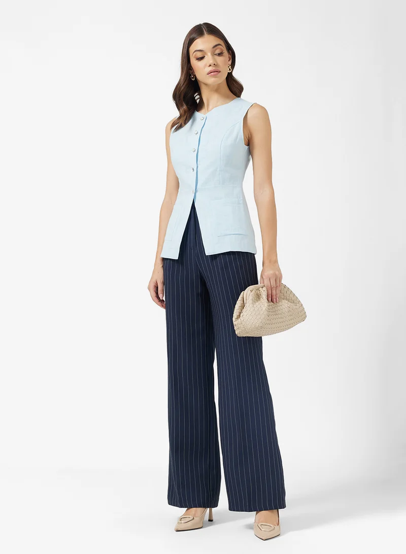 FYOR Dark Blue Striped Wide-Leg Pants – Lightweight & Stylish Fit
