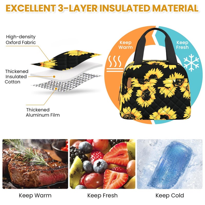 ELONGRIVER Insulated Lunch Bag for Women, Portable Lightweight Lunch Box for Adults, Reusable Small Lunch Tote Cooler Bags with Front Zipper Pocket for Work School Picnic(Sunflower) - Image 3