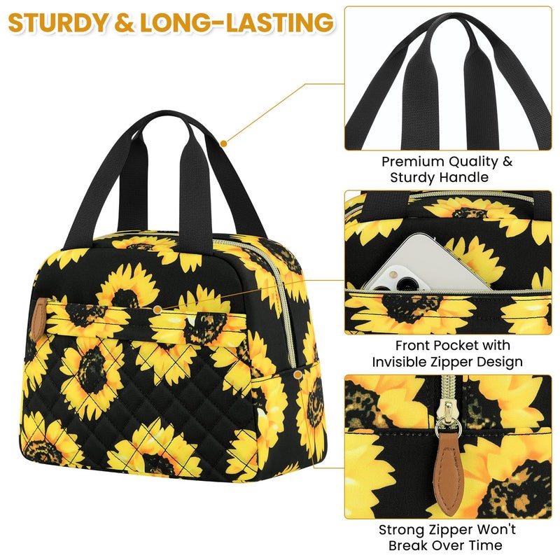 ELONGRIVER Insulated Lunch Bag for Women, Portable Lightweight Lunch Box for Adults, Reusable Small Lunch Tote Cooler Bags with Front Zipper Pocket for Work School Picnic(Sunflower) - Image 4
