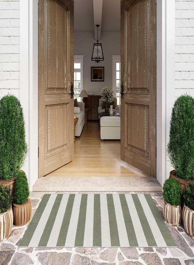LEEVAN Outdoor Patio Rug 3x5, Washable Striped Front Porch Mat, Spring Colorful Outside Entryway Rug, Woven Welcome Doormat Green and White Buffalo Backyard Layered Mat for Entrance/Go Away/Deck - Image 1