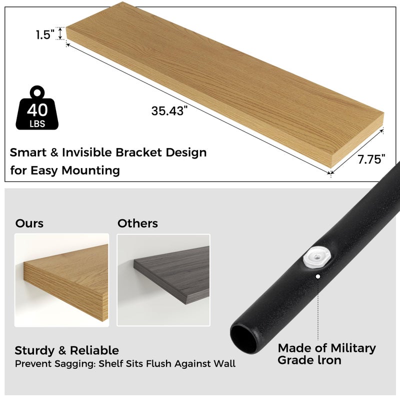 Venusmiles Floating Shelves for Wall 36"W x 7.8"D x 1.5"H, Engineered Wood Wall Shelves with Invisible Brackets for Living Room Bedroom Bathroom Office Kitchen Decor and Storage, Oak Finish, Set of 2 - Image 3