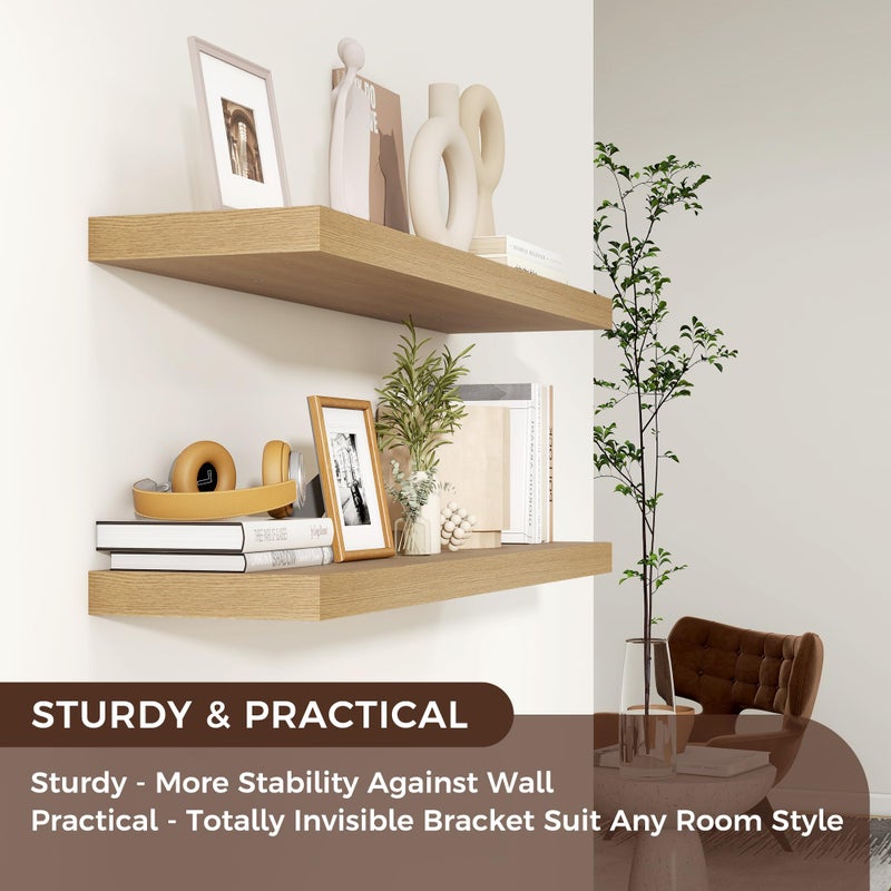 Venusmiles Floating Shelves for Wall 36"W x 7.8"D x 1.5"H, Engineered Wood Wall Shelves with Invisible Brackets for Living Room Bedroom Bathroom Office Kitchen Decor and Storage, Oak Finish, Set of 2 - Image 4
