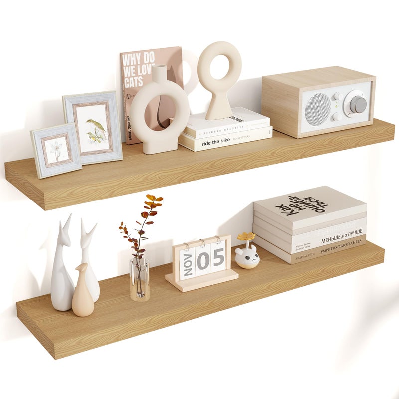 Venusmiles Floating Shelves for Wall 36"W x 7.8"D x 1.5"H, Engineered Wood Wall Shelves with Invisible Brackets for Living Room Bedroom Bathroom Office Kitchen Decor and Storage, Oak Finish, Set of 2 - Image 1