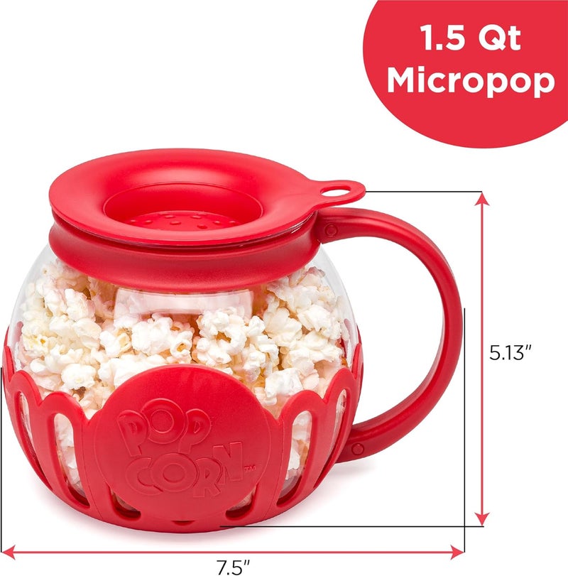 Ecolution Patented Micro-Pop Microwave Popcorn Popper with Temperature Safe Glass, 3-in-1 Lid Measures Kernels and Melts Butter, Made Without BPA, Dishwasher Safe, 1.5-Quart, Red - Image 3
