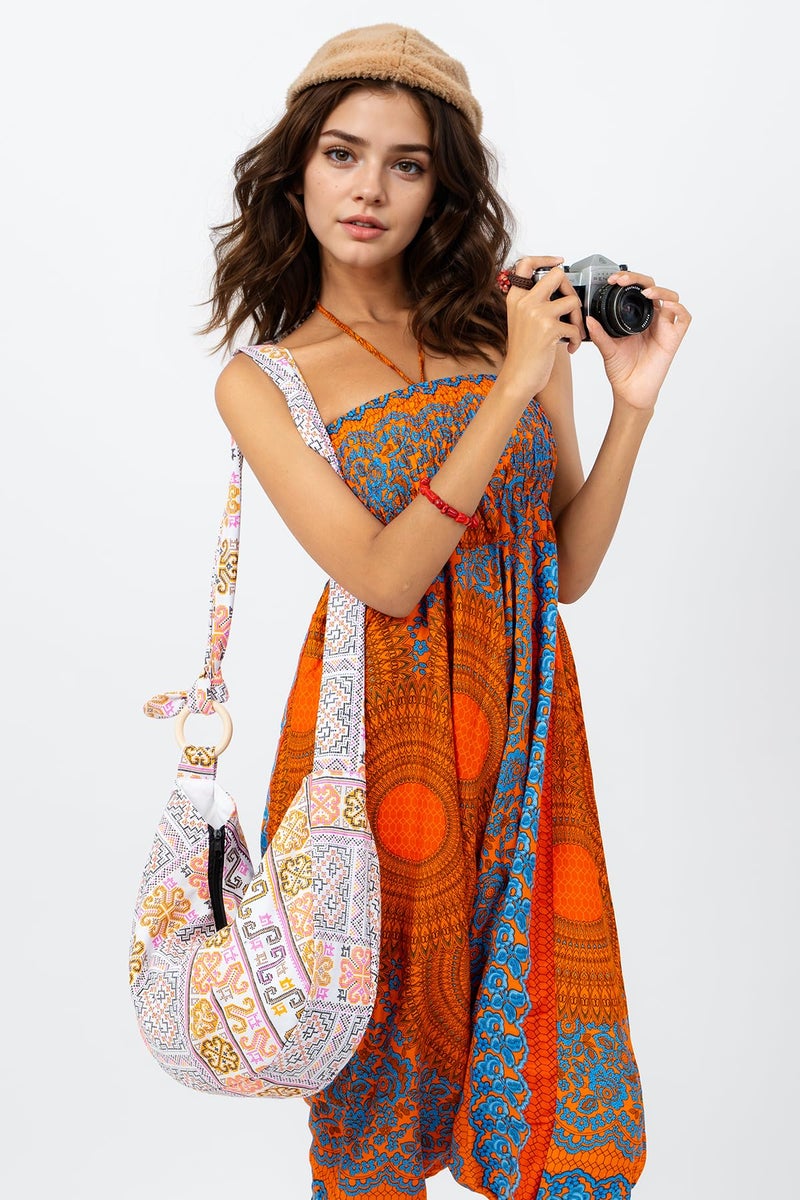 Your Cozy Hobo Crossbody Bag for Women â€“ Handmade Cotton Boho Purse with Wooden Ring | Lightweight Slouchy Shoulder Sling Tote Bag (Tribe_White) - Image 4
