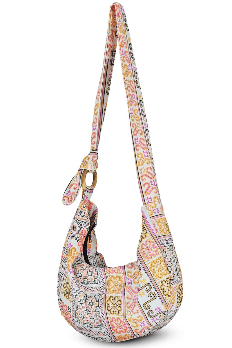Your Cozy Hobo Crossbody Bag for Women â€“ Handmade Cotton Boho Purse with Wooden Ring | Lightweight Slouchy Shoulder Sling Tote Bag (Tribe_White) - Image 1