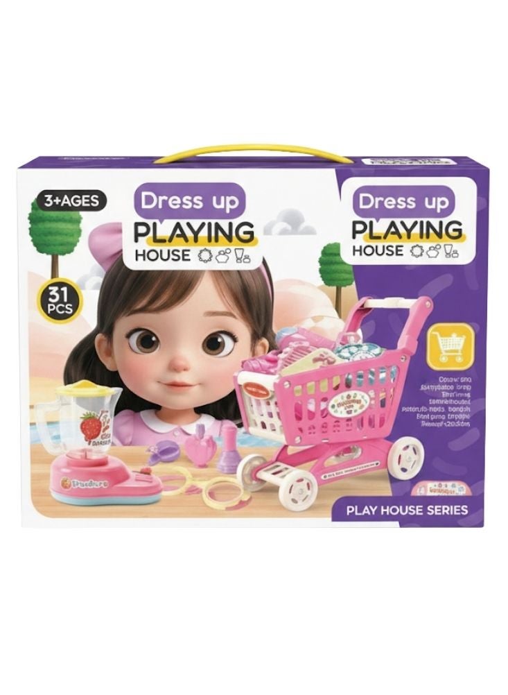 بريميم مجموعة ألعاب بيت اللعب مع عربة تسوّق وردية اللون وملحقاتها، ٣١ قطعة - Image 1