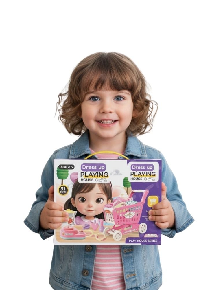 بريميم مجموعة ألعاب بيت اللعب مع عربة تسوّق وردية اللون وملحقاتها، ٣١ قطعة - Image 2