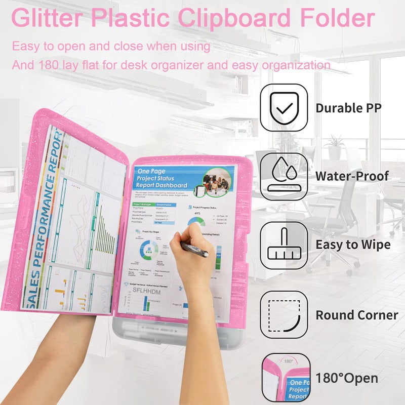 SFLHHDM Glitter Clipboard with Storage,Storage Clipboard with Pen Holder,A4 Binder Clip Boards 8.5x11 with Low Profile Clip,Side Opening Sparkle Clipboards, Clipboards Folder for Office Supplies-Rose Pink - Image 5