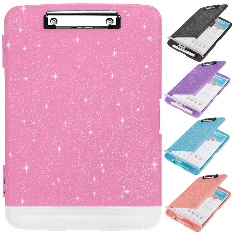 SFLHHDM Glitter Clipboard with Storage,Storage Clipboard with Pen Holder,A4 Binder Clip Boards 8.5x11 with Low Profile Clip,Side Opening Sparkle Clipboards, Clipboards Folder for Office Supplies-Rose Pink - Image 1