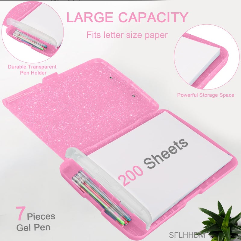 SFLHHDM Glitter Clipboard with Storage,Storage Clipboard with Pen Holder,A4 Binder Clip Boards 8.5x11 with Low Profile Clip,Side Opening Sparkle Clipboards, Clipboards Folder for Office Supplies-Rose Pink - Image 3