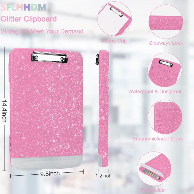 SFLHHDM Glitter Clipboard with Storage,Storage Clipboard with Pen Holder,A4 Binder Clip Boards 8.5x11 with Low Profile Clip,Side Opening Sparkle Clipboards, Clipboards Folder for Office Supplies-Rose Pink - Image 2