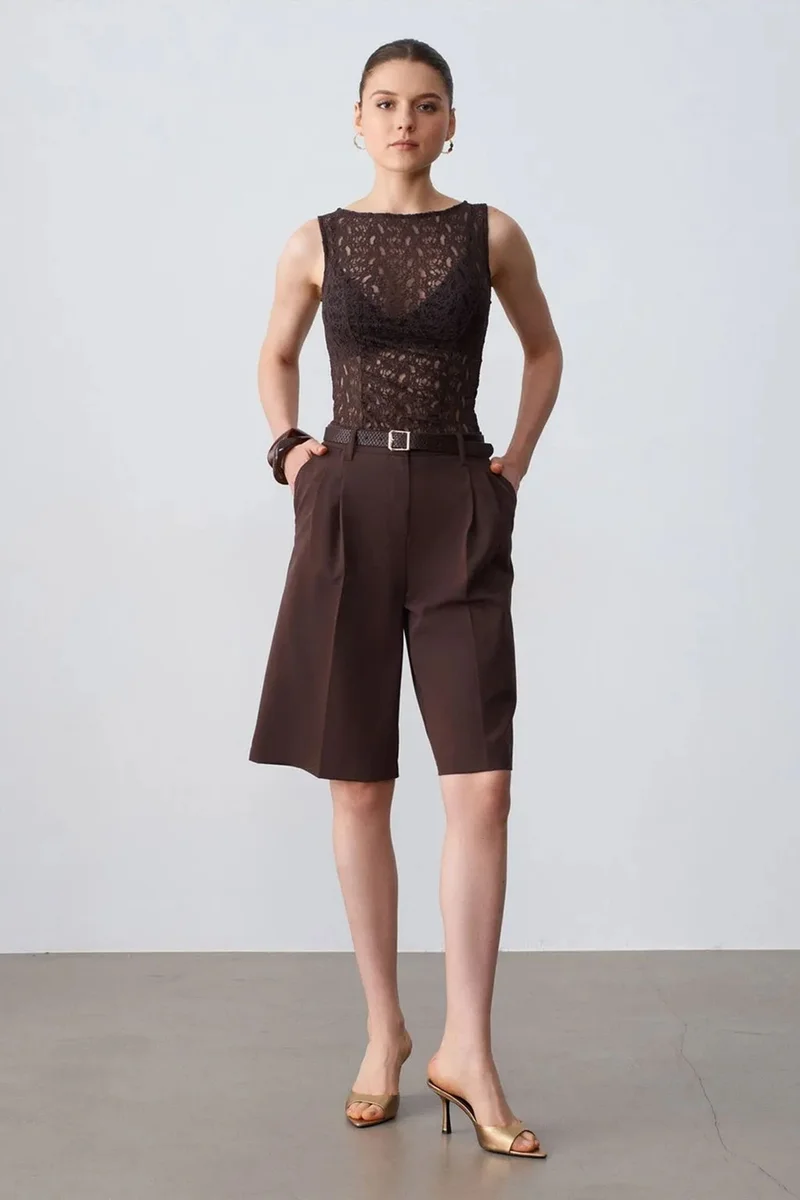 Dilvin Coffee Brown DILVIN Fitted Lace Sleeveless Blouse for Women | Best Price UAE