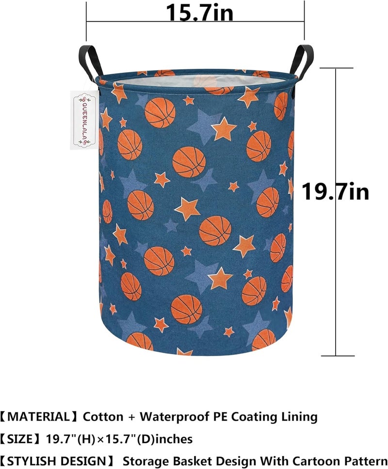 QUEENLALA Large Storage Basket,Laundry Hamper/Bathroom/Home Decor/Collapsible Round Storage Bin,Boys and Girls Hamper/Boxes/Clothing(Round-Basketball) - Image 2