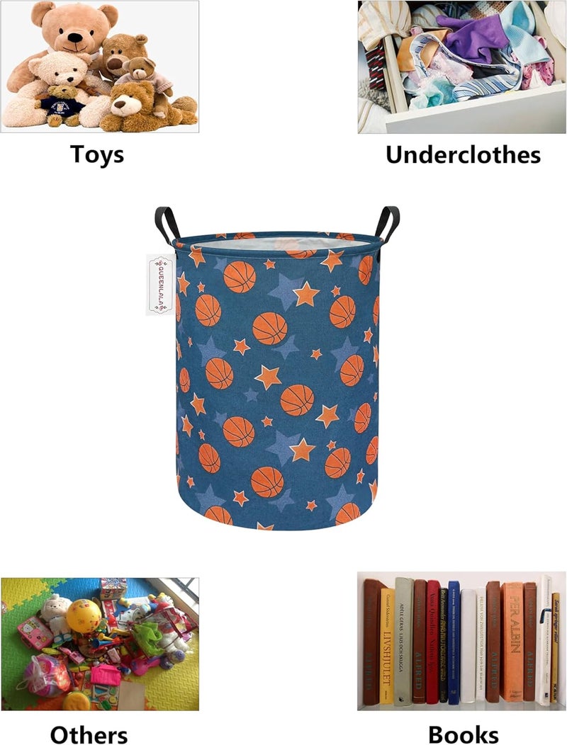 QUEENLALA Large Storage Basket,Laundry Hamper/Bathroom/Home Decor/Collapsible Round Storage Bin,Boys and Girls Hamper/Boxes/Clothing(Round-Basketball) - Image 3