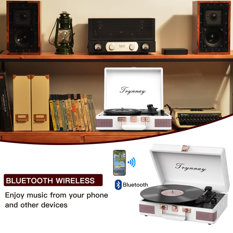 Trynnay Record Player 3 Speed Bluetooth Portable Suitcase Vinyl Player with Built-in Speakers Turntable Enhanced Audio Sound Waxed Leather Vintage White - Image 3