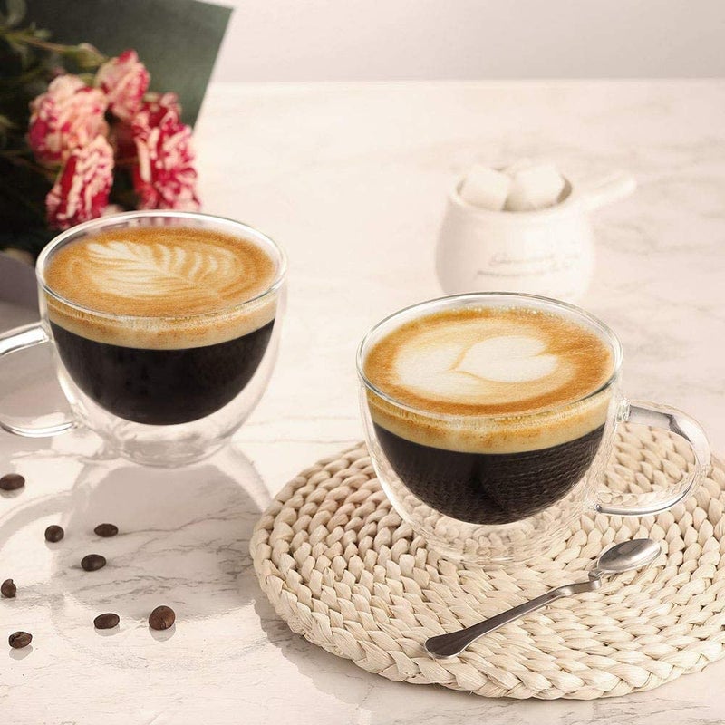 ecooe Double Walled Glass Coffee Mug 12 oz Latte Cappuccino Cups Set of 2, Clear Glass Coffee Cups with Handle, 350 ml Insulated Coffee Cup Borosilicate Heat Resistant Glass Mug Tea Cup - Image 5