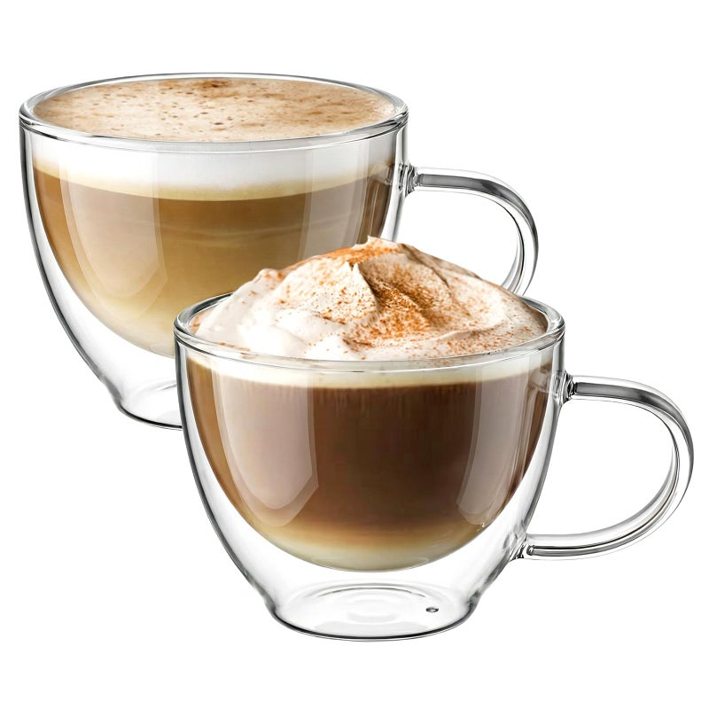 ecooe Double Walled Glass Coffee Mug 12 oz Latte Cappuccino Cups Set of 2, Clear Glass Coffee Cups with Handle, 350 ml Insulated Coffee Cup Borosilicate Heat Resistant Glass Mug Tea Cup - Image 1