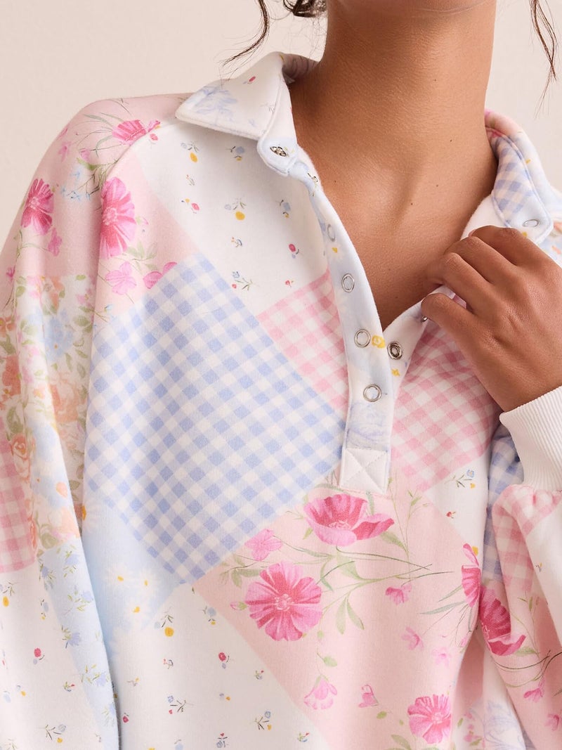 Mieeyali Women Oversized Floral Patchwork Sweatshirt Y2k Button Balloon Sleeve Pullover Top Aesthetic Going Out Sweatshirts (Pink, M) - Image 4