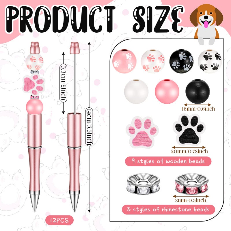 Geyee 12 Set Plastic Beadable Pens Assorted Bead Pens Crystal Wood Round Spacer Set Black Ink DIY Ballpoint for Women Men Gift Office Supplies(Dog Paw) - Image 3