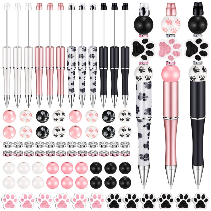 Geyee 12 Set Plastic Beadable Pens Assorted Bead Pens Crystal Wood Round Spacer Set Black Ink DIY Ballpoint for Women Men Gift Office Supplies(Dog Paw) - Image 1