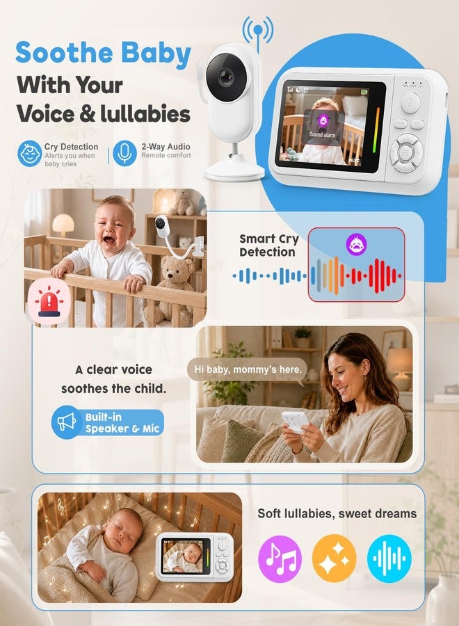 Elzeeo Baby Monitor with Camera and Audio, 2.8" Screen No WiFi Baby Monitor for Nursery and Travel, Portable Baby Camera Monitor with Auto Night Vision, VOX, 2-Way Talk, Temperature Sensor & Lullabies - Image 4