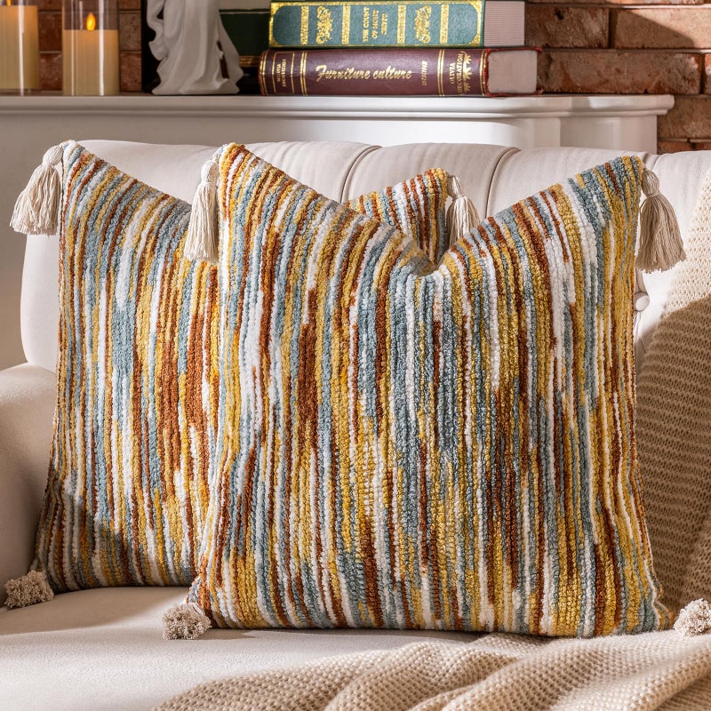 AmHoo Boho Throw Pillow Covers Set of 2 Decorative Bohemian Woven Tufted Striped Farmhouse with Tassels Textured Cushion Case Pillowcase Neutral for Sofa Couch Bed 18 x 18Inch Brown