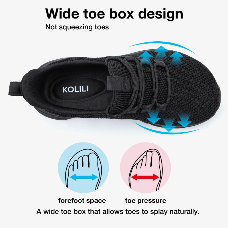 KOLILI Wide Toe Box Walking Shoes Women Hands Free Non Slip Work Shoes Tennis Athletics Gym Sports Sneakers All Black 7.5 US/39 EU - Image 3