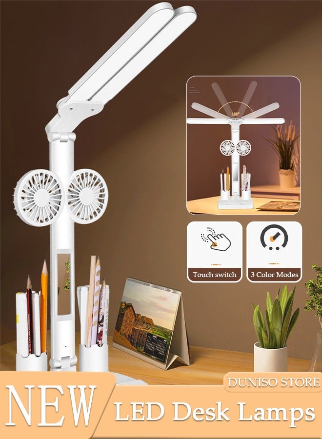DUNISO Touch Control Desk Lamp, LED Desk Lamps with 2speed Fans and 3 Color Modes Dimmable Brightness for Home Office, Dual Swing Arm USB Charging Port Desk Light, Eye-Caring Reading Light with Pen Holder - Image 1