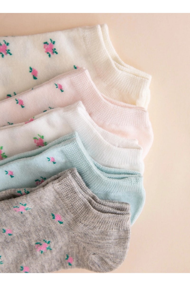 مجموعة مميزة من 5 أزواج جوارب كاحل نسائية مزينة بالورود – قماش قطني ناعم بألوان باستيل مع نقش ورود وردية - Image 4