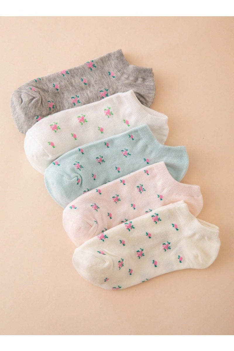 مجموعة مميزة من 5 أزواج جوارب كاحل نسائية مزينة بالورود – قماش قطني ناعم بألوان باستيل مع نقش ورود وردية - Image 5