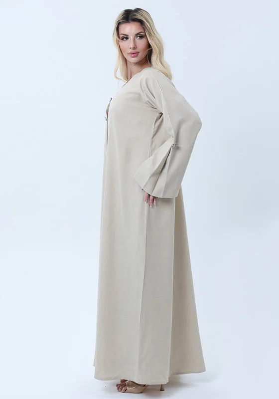 MSquare Fashion Light Beige Melange Abaya with Decorative Buttons and Matching Headscarf