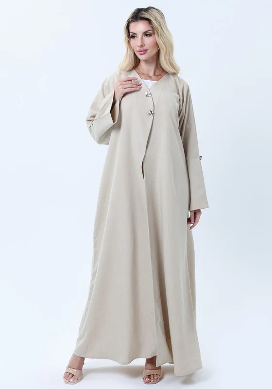 MSquare Fashion Light Beige Melange Abaya with Decorative Buttons and Matching Headscarf