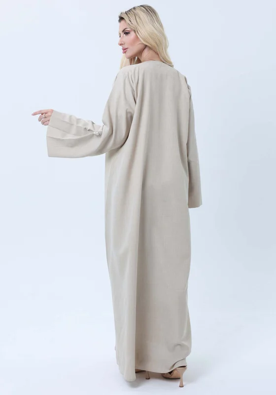 MSquare Fashion Light Beige Melange Abaya with Decorative Buttons and Matching Headscarf