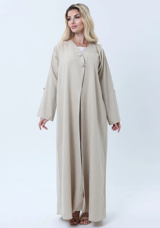 MSquare Fashion Light Beige Melange Abaya with Decorative Buttons and Matching Headscarf