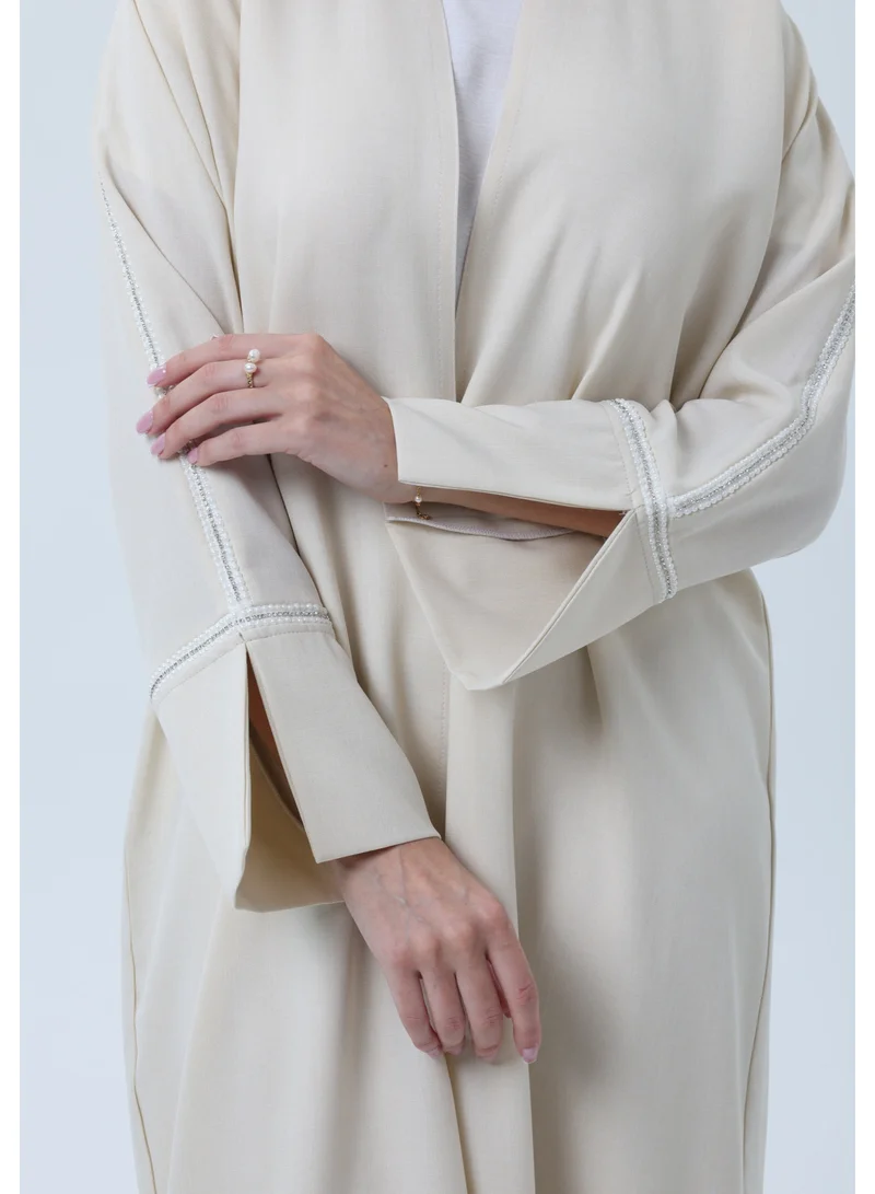 MSquare Fashion  Light Beige Melange Abaya with Decorative Buttons and Matching Headscarf for Women | Best Price UAE