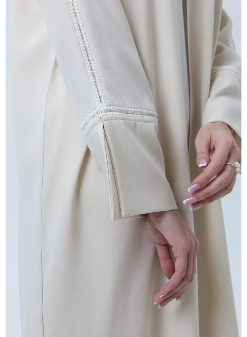 MSquare Fashion  Light Beige Melange Abaya with Decorative Buttons and Matching Headscarf for Women | Best Price UAE