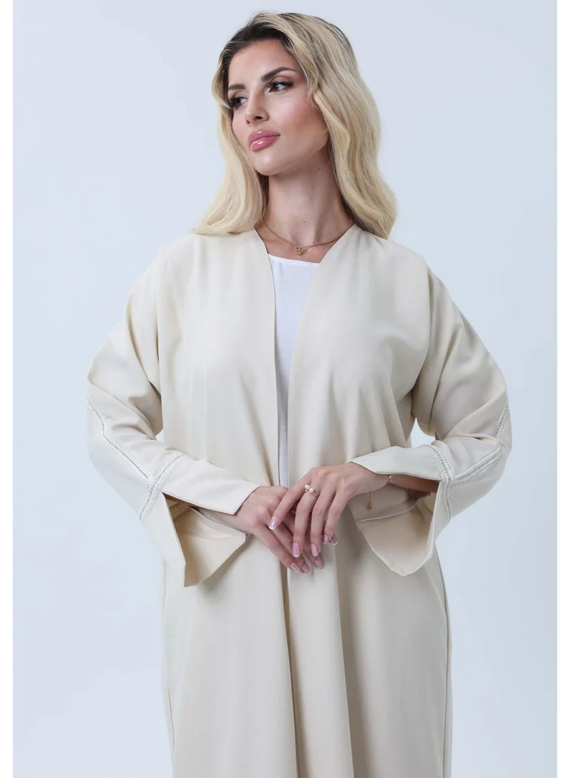 MSquare Fashion  Light Beige Melange Abaya with Decorative Buttons and Matching Headscarf for Women | Best Price UAE