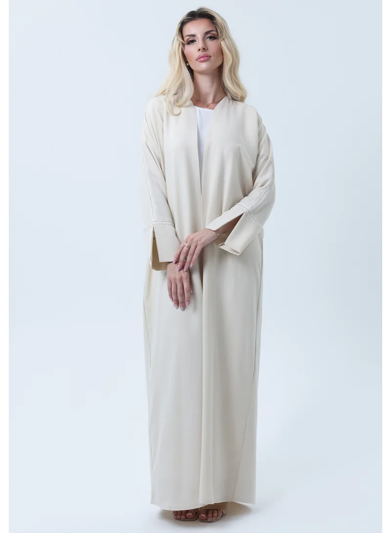 Light Beige Melange Abaya with Decorative Buttons and Matching Headscarf