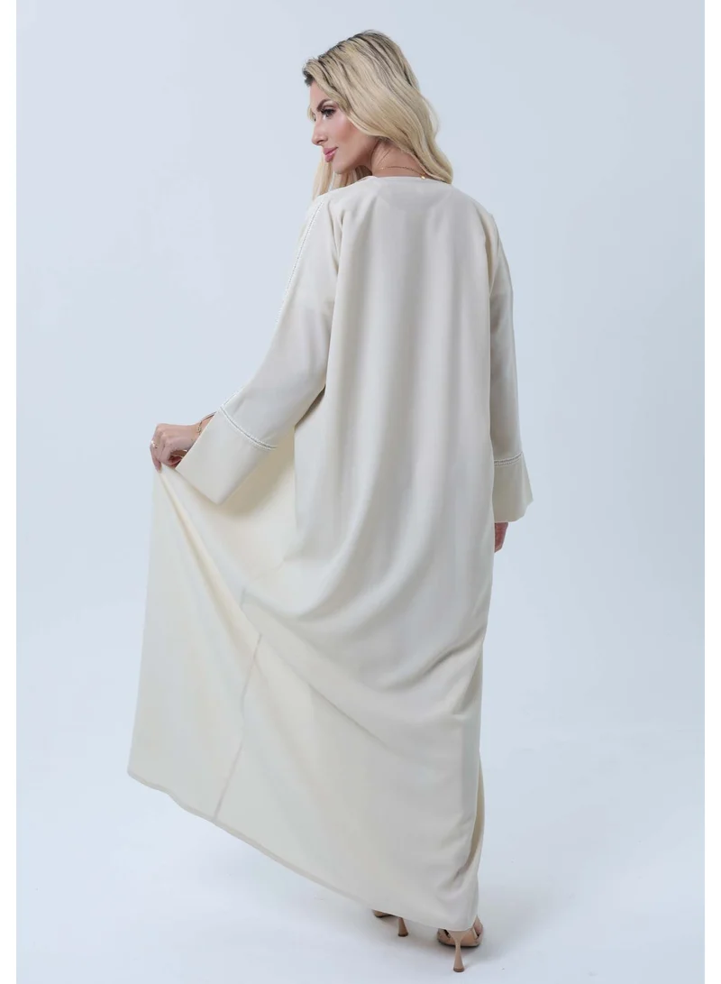 MSquare Fashion  Light Beige Melange Abaya with Decorative Buttons and Matching Headscarf for Women | Best Price UAE