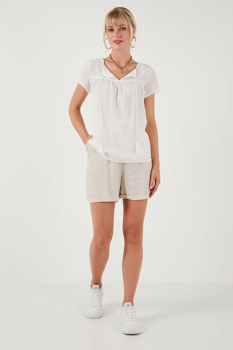 Lela Tie Collar Short Sleeve Regular Fit Blouse Women's Blouse 5865641
