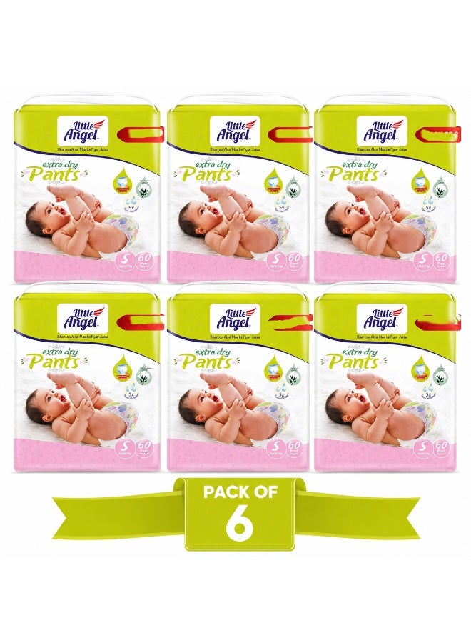 Little Angel Extra Dry Baby Pants Diaper, Small (S) Size, 360 Count, Super Absorbent Core Up to 12 Hrs Protection & Wetness Indicator, Upto 7kg (60 count/pack, Pack of 6)