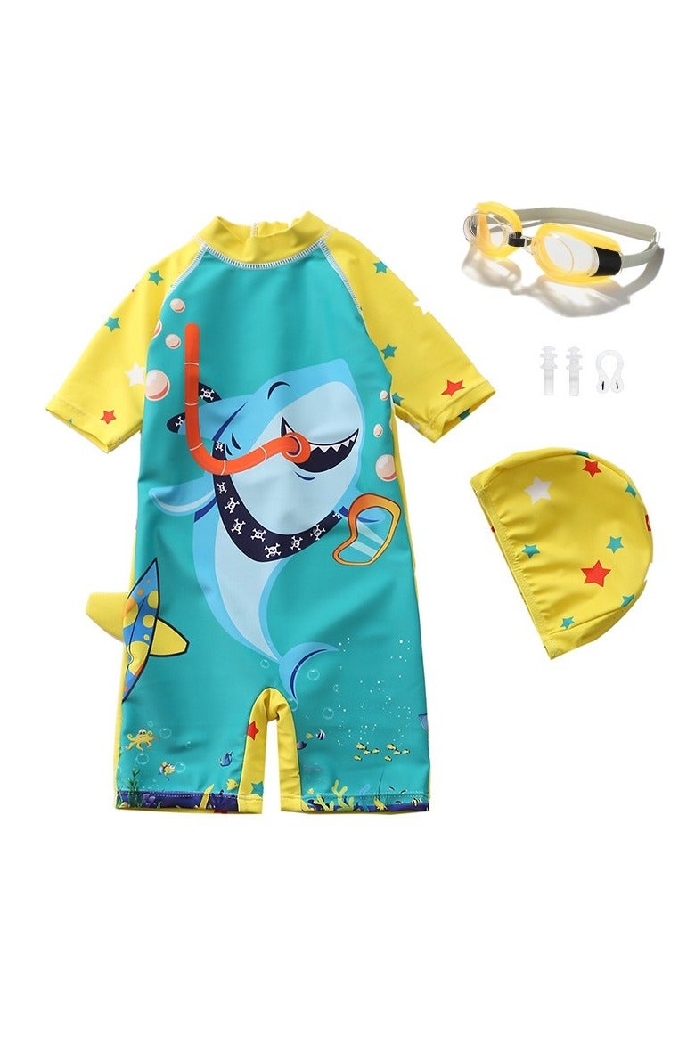 SISGL Children's Swimsuit For Boys Shark Design Short Sleeve With Cap One Piece Surfing Suit Baby Swimming Pool Boy Swimsuit - Image 1