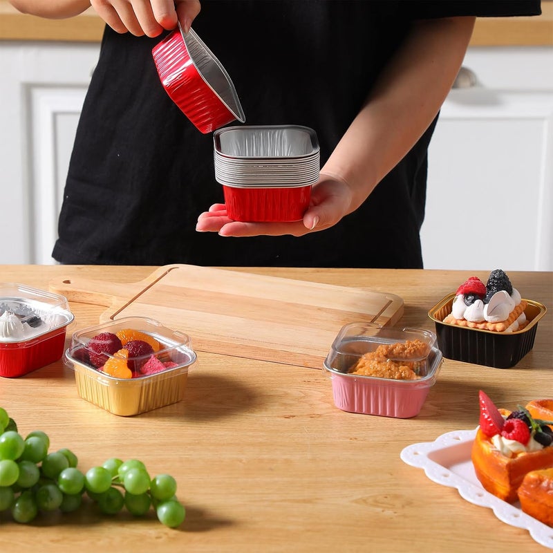 Skylety 100 Pcs 5 oz Mini Square Baking Pans with Lids Aluminum Foil Cupcake Pans Brownie Baking Cups Disposable Ramekins Individual Tin Dessert Containers for Kitchen Birthday (Multicolor) - Image 4