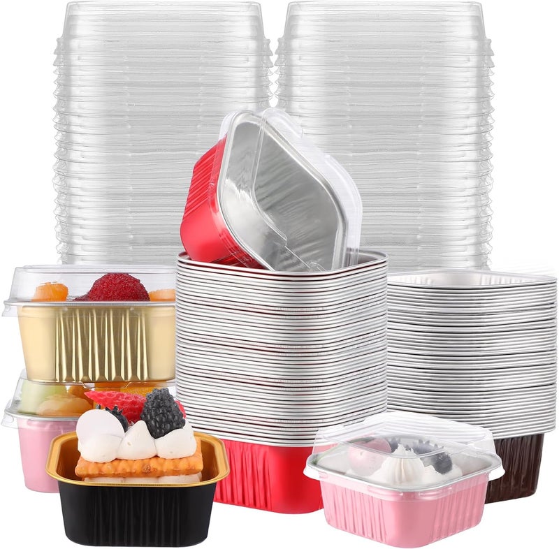 Skylety 100 Pcs 5 oz Mini Square Baking Pans with Lids Aluminum Foil Cupcake Pans Brownie Baking Cups Disposable Ramekins Individual Tin Dessert Containers for Kitchen Birthday (Multicolor) - Image 1
