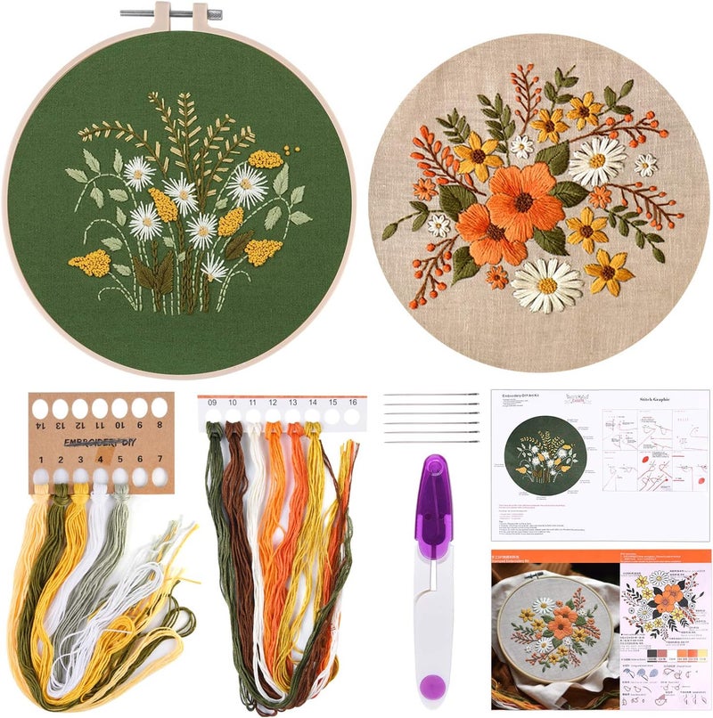 FEPITO 2 Sets Full Range Embroidery Starter Kit with Pattern and Instructions Cross Stitch Kit Includes 2 Pcs Embroidery Clothes with Floral Pattern, 1 Pcs Plastic Embroidery Hoops, 1 Pcs Scissor - Image 1