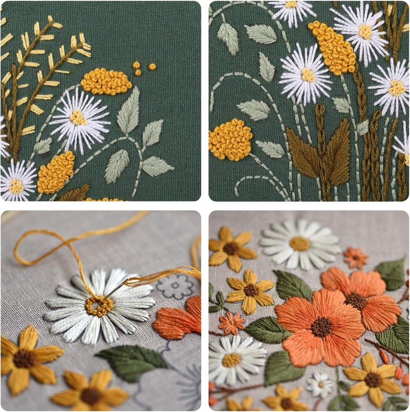 FEPITO 2 Sets Full Range Embroidery Starter Kit with Pattern and Instructions Cross Stitch Kit Includes 2 Pcs Embroidery Clothes with Floral Pattern, 1 Pcs Plastic Embroidery Hoops, 1 Pcs Scissor - Image 5