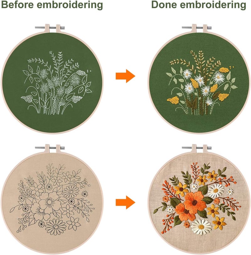 FEPITO 2 Sets Full Range Embroidery Starter Kit with Pattern and Instructions Cross Stitch Kit Includes 2 Pcs Embroidery Clothes with Floral Pattern, 1 Pcs Plastic Embroidery Hoops, 1 Pcs Scissor - Image 4