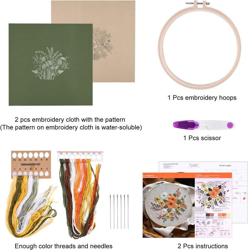 FEPITO 2 Sets Full Range Embroidery Starter Kit with Pattern and Instructions Cross Stitch Kit Includes 2 Pcs Embroidery Clothes with Floral Pattern, 1 Pcs Plastic Embroidery Hoops, 1 Pcs Scissor - Image 2