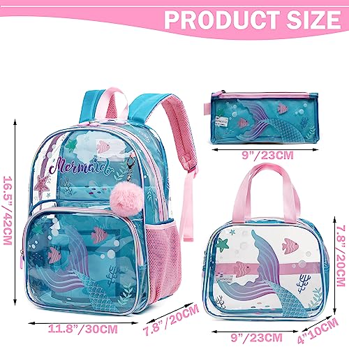 Meetbelify Mermaid Backpack for Girls Backpack with Lunch Box Set for Elementary Kindergarten Student Kids Clear School Bag for Girls - Image 3